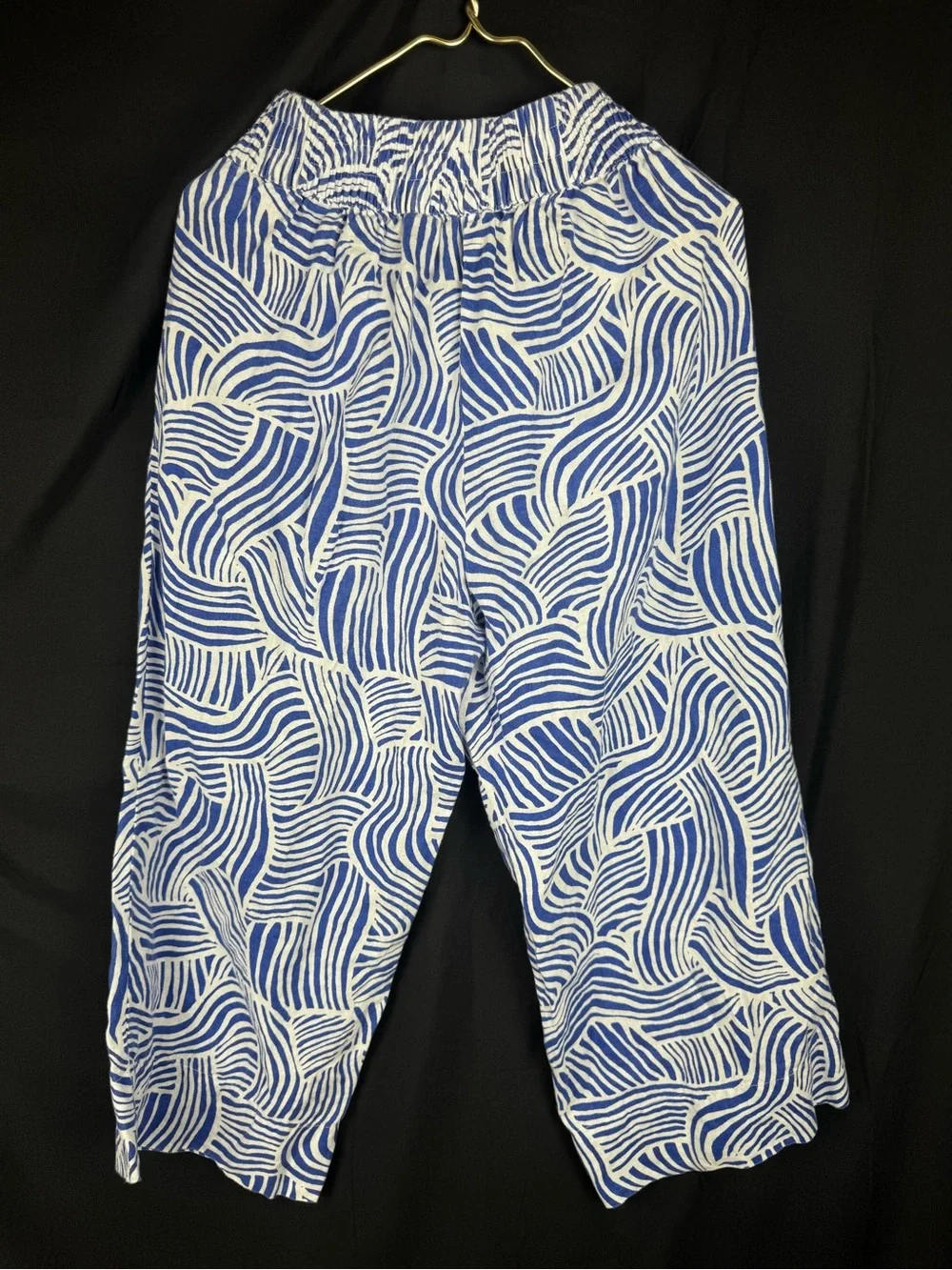 ⁠LOFT Beach 100% Linen 2pc Matching Set Blue White Abstract Wave Pants/Top